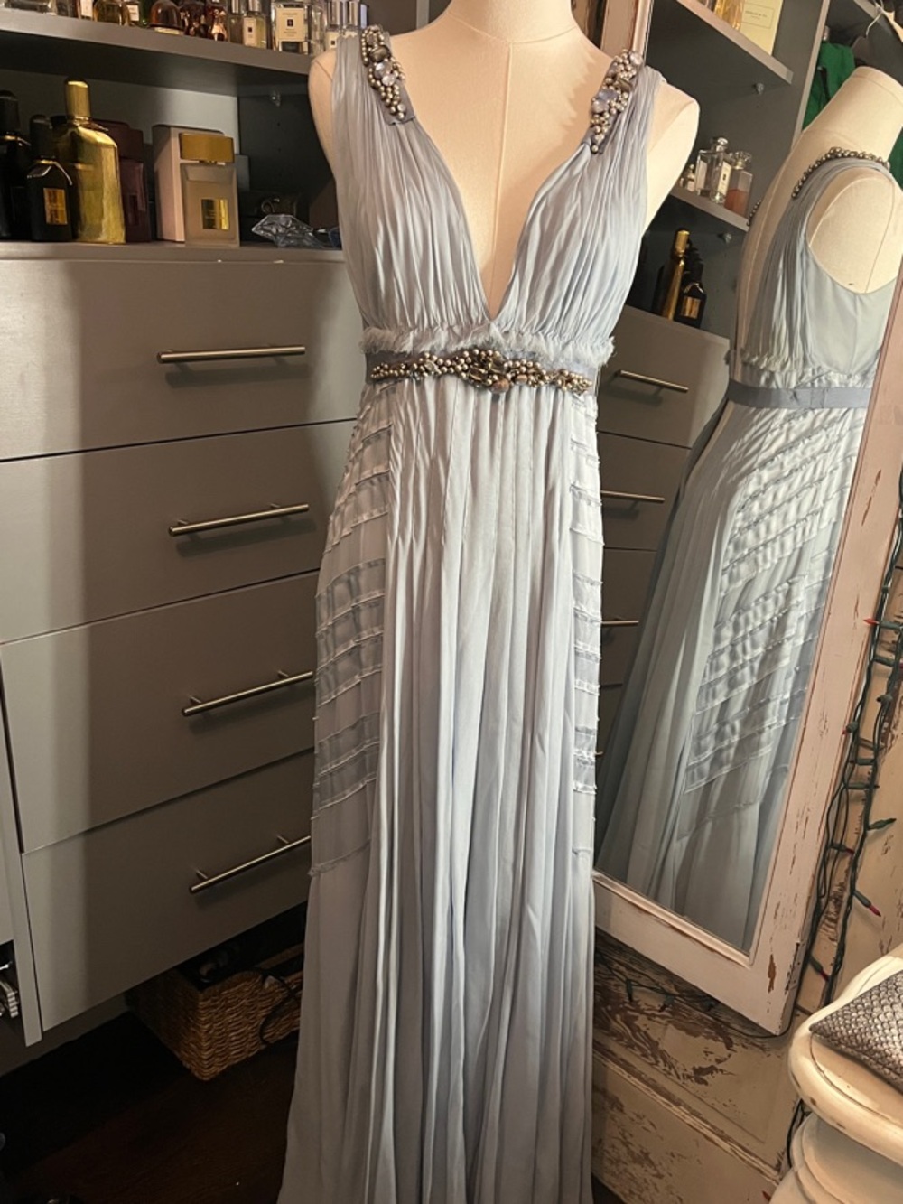Couture J. Mendel Light Blue Beaded V-Neck Maxi Gown